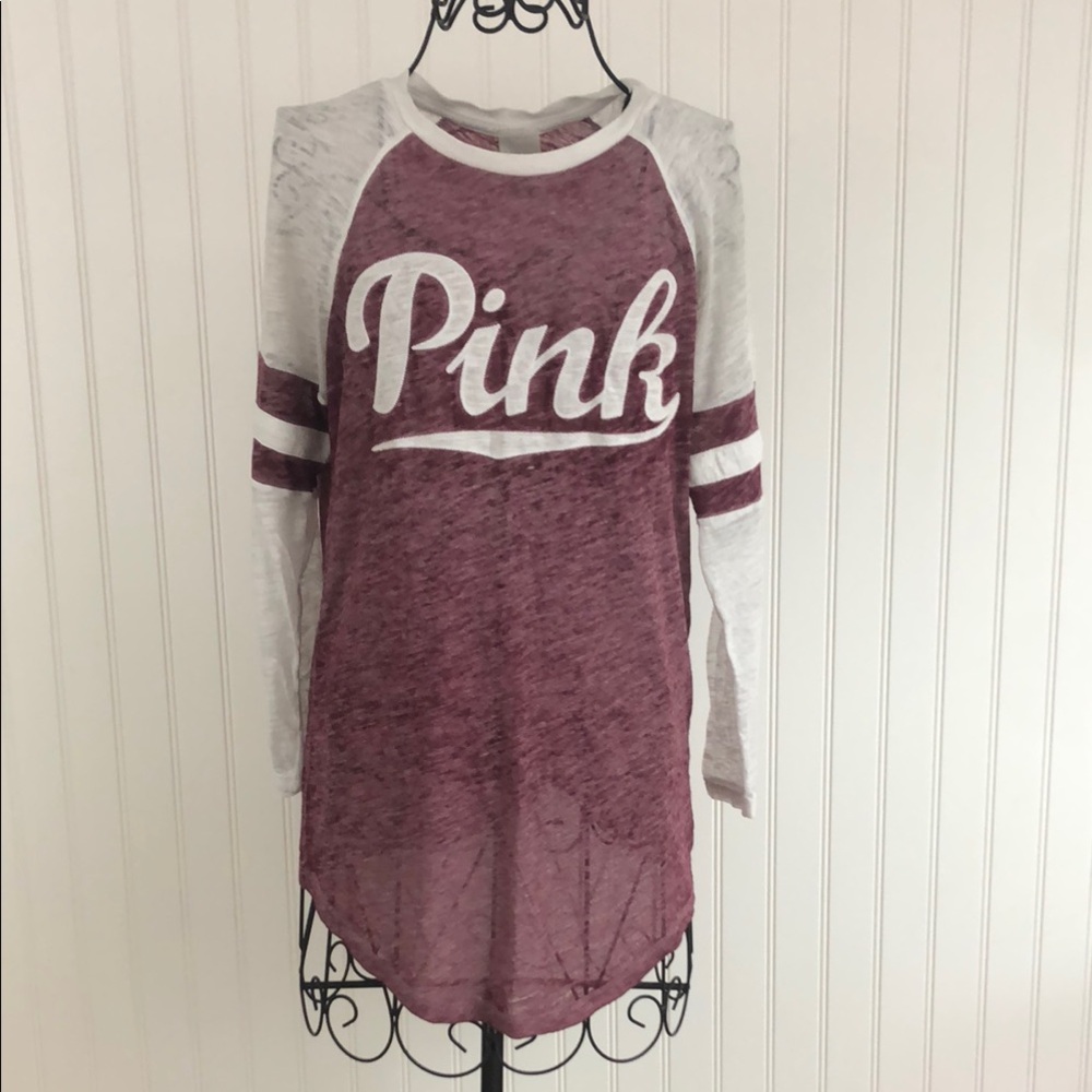 PINK Victoria's Secret White and Maroon Graphic Raglan Long Sleeve Tee